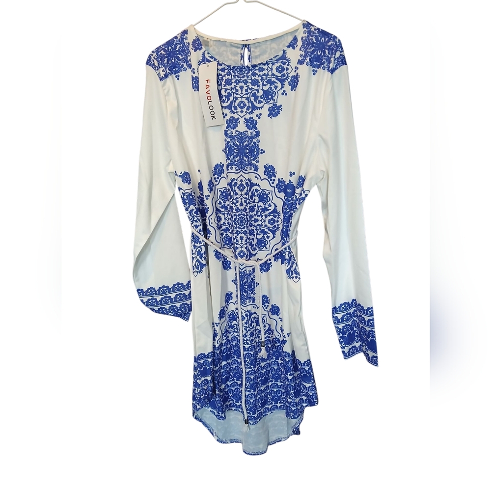 FavoLook Tunic Dress Cover-Up Blue &amp; White Floral Pattern Rope Belt Size 3XL
